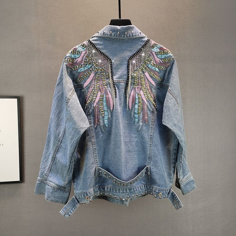 Embroidery Jacket Jeans - แจ็กเก็ตยีนส์แขนยาวสำหรับผู้หญิงแจ็กเก็ตเสื้อโค้ทผ้าเดนิมพู่ประดับลูกปัด Mantel Jin ใหม่ฤดูใบไม้ร่วง2024