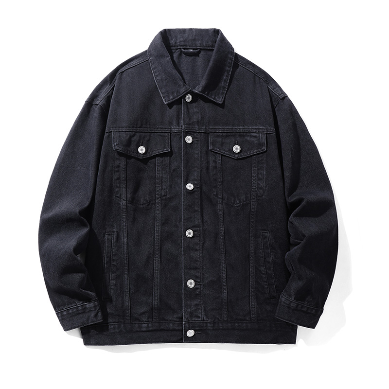 Embroidery Jacket Jeans - แจ็คเก็ตยีนส์ปักลายปลาคาร์พเรืองแสงสไตล์เรโทรระดับไฮเอนด์ ทรงหลวม ไซส์ใหญ่ สีดำ แจ็คเก็ตลำลองสำหรับผู้ชาย สะท้อนแสงในเวลากลางคืน