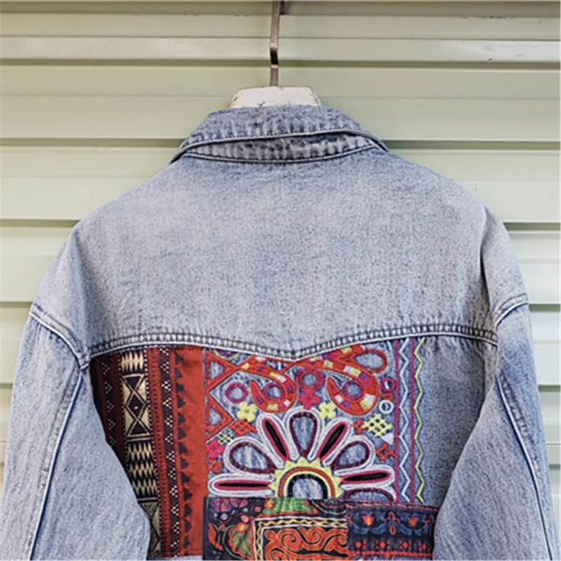 Embroidery Jacket Jeans - โบฮีเมียเย็บปักถักร้อย Splicing กระเป๋าขนาดใหญ่ DENIM แจ็คเก็ตผู้หญิงหลวมสั้นคาวบอย Streetwear