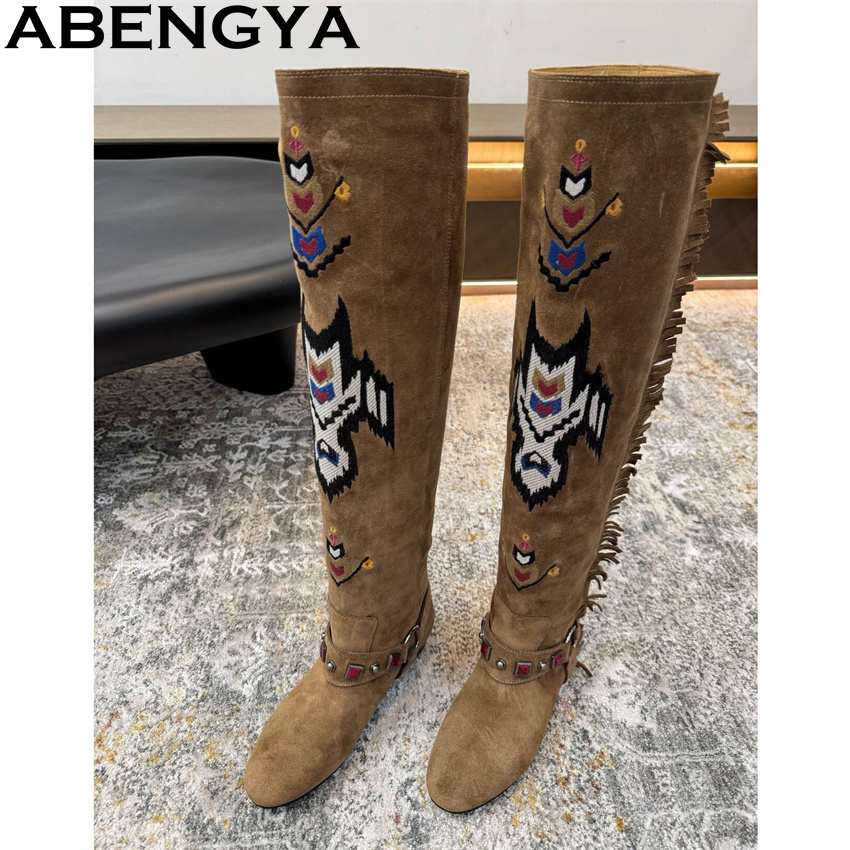 Embroidery Yes - ABENGYA 2026ฤดูหนาวใหม่เข่ารองเท้าบูทสูงผู้หญิงหนังนิ่มหนังเย็บปักถักร้อยแบนยาวรองเท้าคลาสสิกแฟชั่นสัปดาห์รองเท้าMujer
