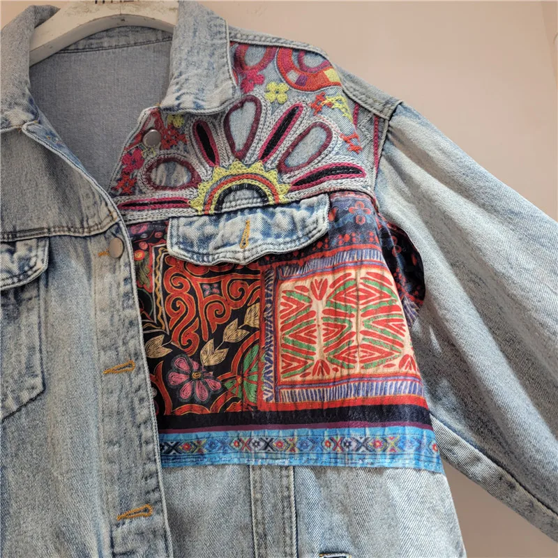 Embroidery Jacket Jeans - Vintage Blue เย็บปักถักร้อย Spliced Denim แจ็คเก็ตผู้หญิงหลวมสั้นคาวบอยแขนยาวกางเกงยีนส์แจ็คเก็ตหญิง