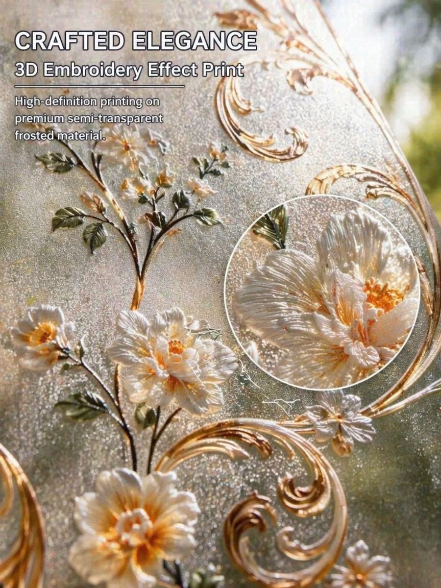 Embroidery Diy - ฟิล์มติดกระจกแบบโปร่งแสงลายปัก ป้องกันแสงและเพิ่มความเป็นส่วนตัว ติดตั้งง่าย ลอกออกได้ สำหรับกระจกห้องน้ำ