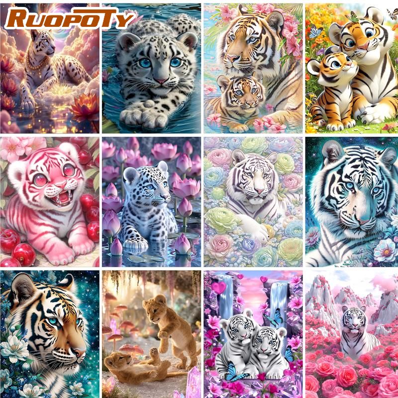 Embroidery Ideas For Bags - ชุดภาพวาดเพชร RUOPOTY ของแท้ ของขวัญงานปักเพชรลายเสือ แบบเพชรกลม/เพชรเหลี่ยมเต็มรูปแบบ ภาพวาดศิลปะเพชร