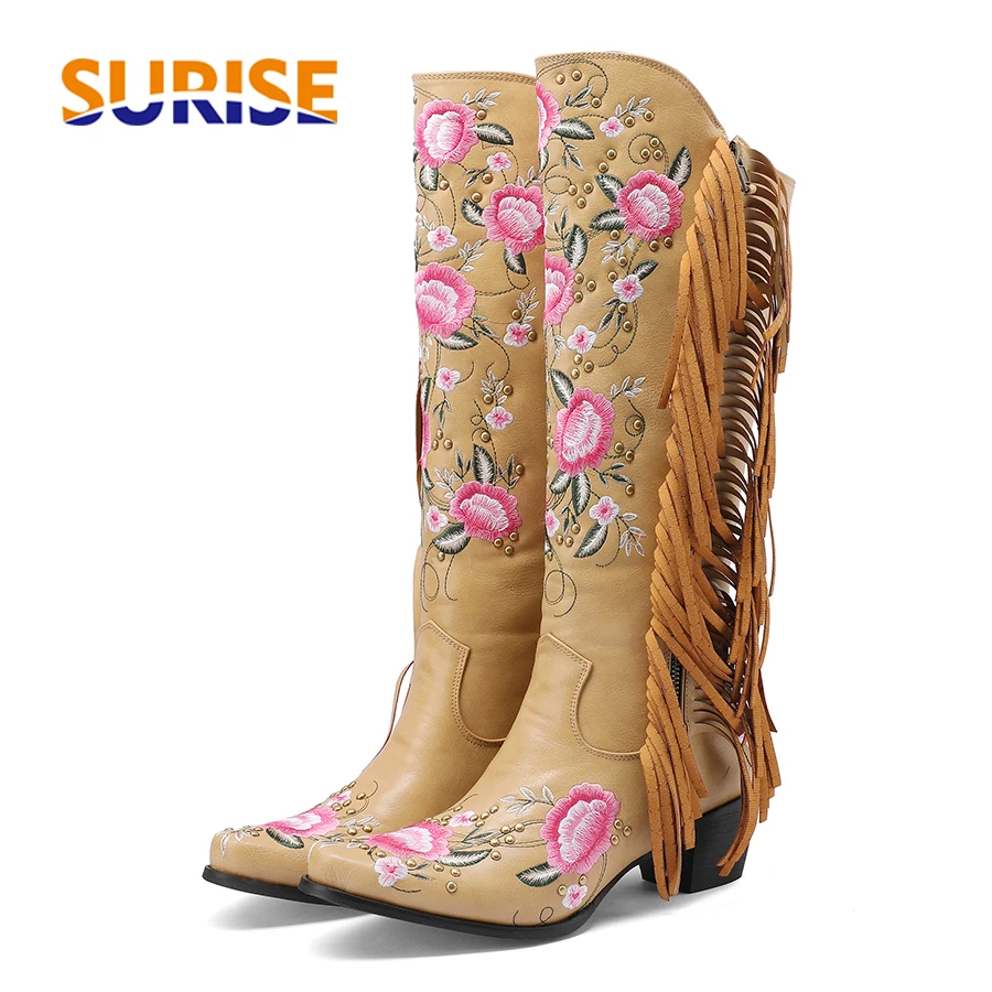 Embroidery Yes - แฟชั่นเย็บปักถักร้อยดอกไม้ Western เข่ารองเท้าบูทสูงผู้หญิง Pointed Toe ส้นสีดําสีน้ําตาลพู่
