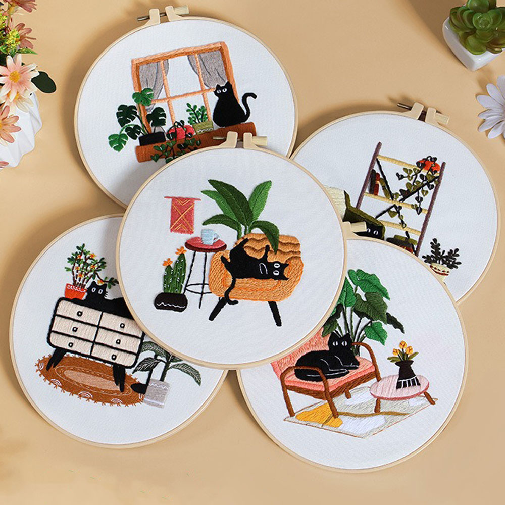 Embroidery Ideas For Bags - ชุดปักลายแมวดำ | อุปกรณ์งานเย็บปักถักร้อยแบบมีลายสำหรับผู้เริ่มต้น เหมาะสำหรับผู้ใหญ่ ตกแต่งบ้านด้วยตัวเอง และไอเดียของขวัญปี