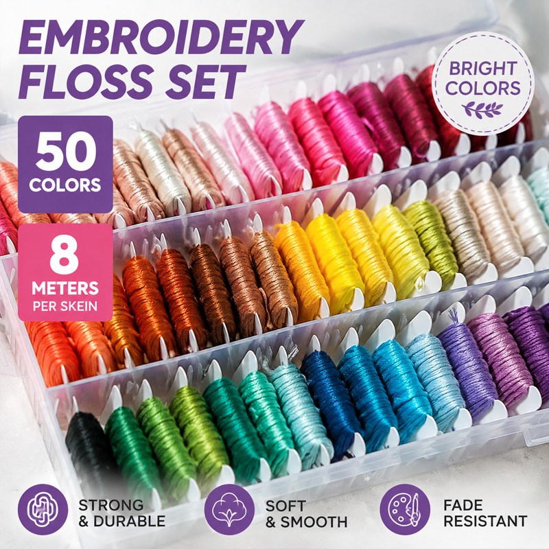 Embroidery Diy - ชุดด้ายปักผ้าฝ้าย 100% พร้อมกล่องเก็บอุปกรณ์ ใช้งานได้หลากหลายสำหรับงานปักครอสสติช งานฝีมือ DIY