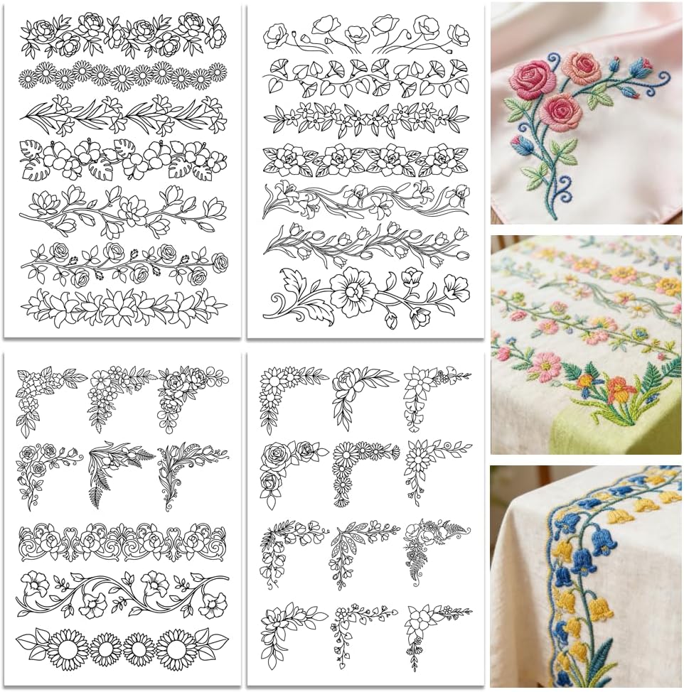 Embroidery Web - กระดาษปักลายดอกไม้ขนาดใหญ่แบบพิมพ์ลายสำเร็จรูป พร้อมแถบติดมุมและลายปักแบบเย็บติด วัสดุเสริมความแข็งแรงแบบละลายน้ำได้สำหรับงานปัก DIY