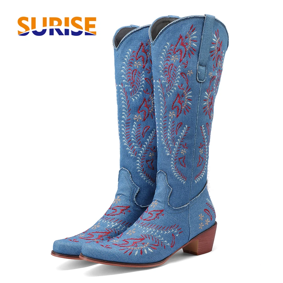 Embroidery Yes - Blue Denim Western Cowgirl เข่ารองเท้าบูทสูงผู้หญิงเย็บปักถักร้อยดอกไม้คาวบอยรองเท้าส้นสูงรอบ Toe