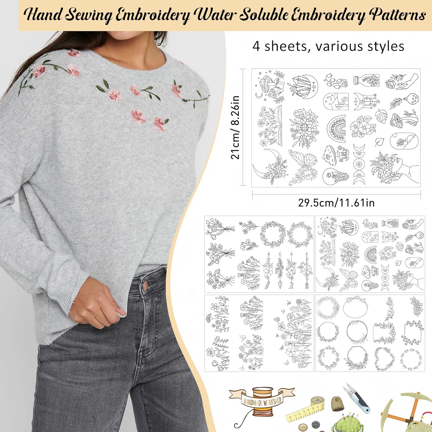กระดาษปักลายละลายน้ำได้ 4 แผ่น - Embroidery Web บทวิจารณ์และราคา