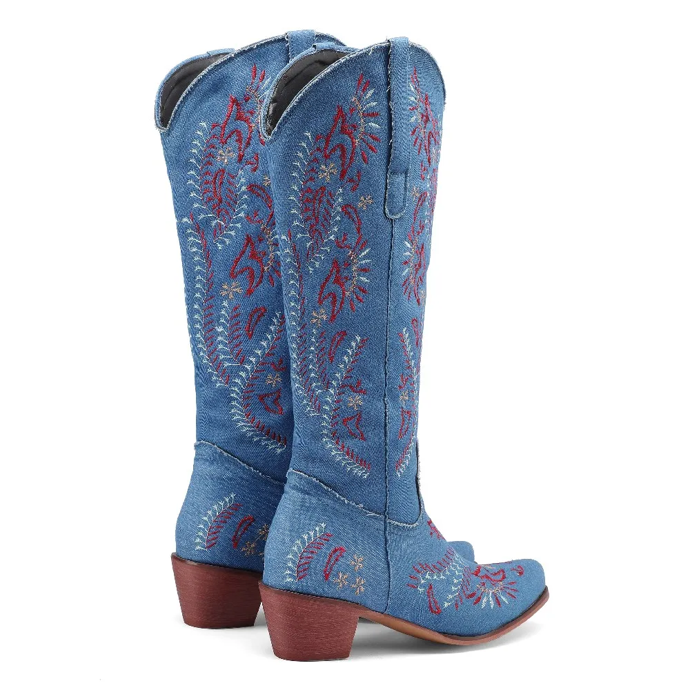 Blue Denim Western Cowgirl เข่ - Embroidery Yes บทวิจารณ์และราคา