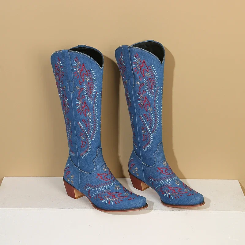 Blue Denim Western Cowgirl เข่ - Embroidery Yes บทวิจารณ์และราคา